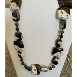 Black White Polished Stone Beaded Necklace Chunky Abstract Modern Statement